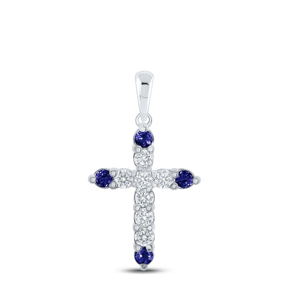 10kt White Gold Gemstone Cross Pendant with Blue Sapphire and Diamond Accents - A Captivating Symbol of Faith and Love - Splendid Jewellery