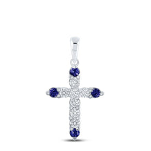 Load image into Gallery viewer, 10kt White Gold Gemstone Cross Pendant with Blue Sapphire and Diamond Accents - A Captivating Symbol of Faith and Love - Splendid Jewellery