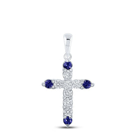 10kt White Gold Gemstone Cross Pendant with Blue Sapphire and Diamond Accents - A Captivating Symbol of Faith and Love - Splendid Jewellery