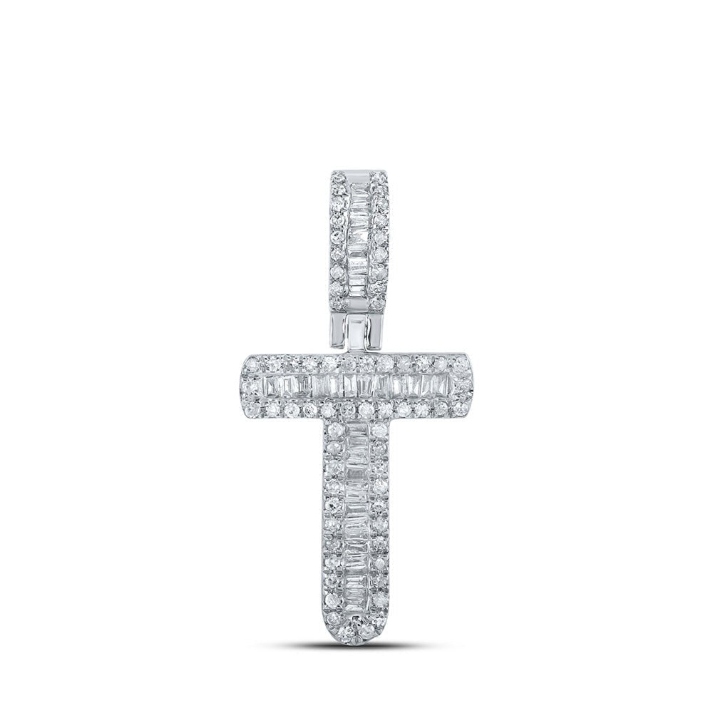 10kt White Gold Men's Baguette Diamond T Initial Letter Pendant 1/3 Cttw - Splendid Jewellery