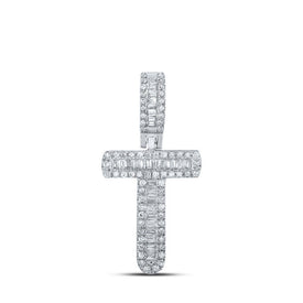 10kt White Gold Men's Baguette Diamond T Initial Letter Pendant 1/3 Cttw - Splendid Jewellery