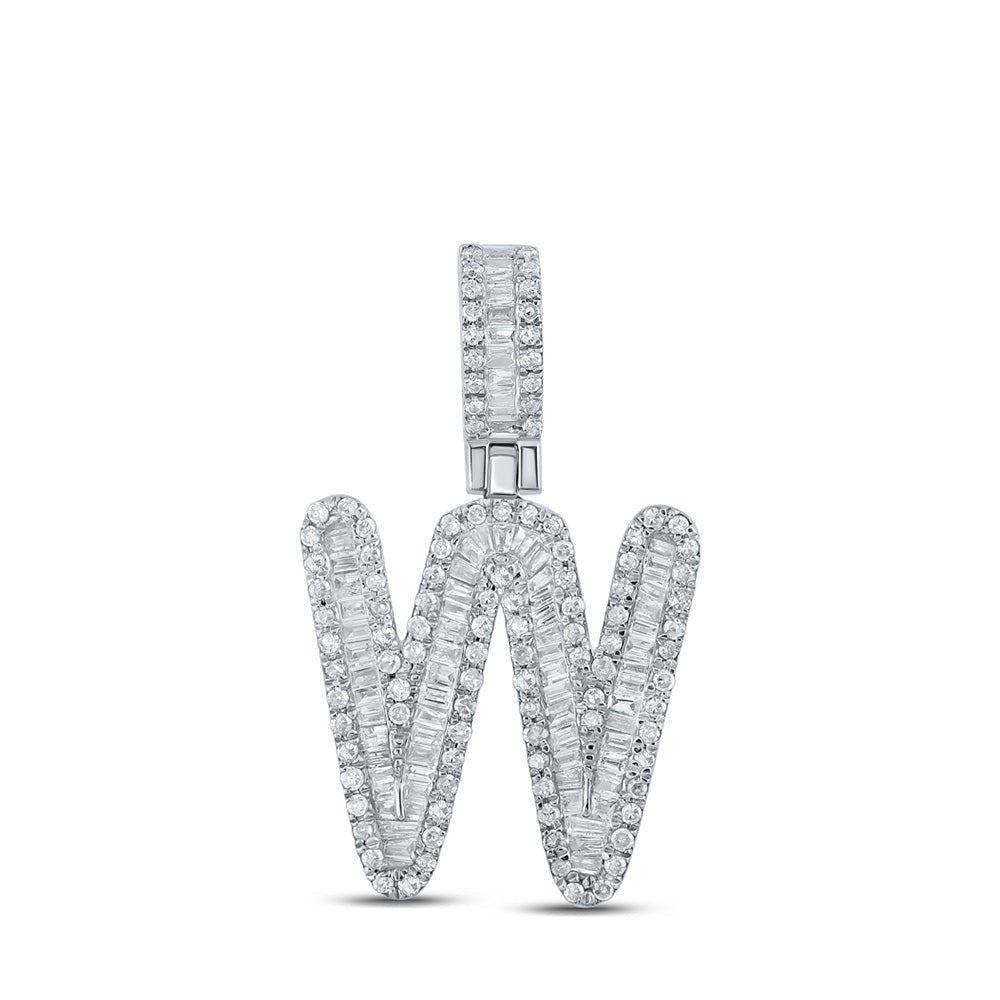 10kt White Gold Mens Baguette Diamond W Initial Letter Pendant 5/8 Cttw - Splendid Jewellery