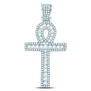 10kt White Gold Men's Round Diamond Ankh Cross Charm Pendant - 1 Cttw | Splendid Jewellery - Splendid Jewellery