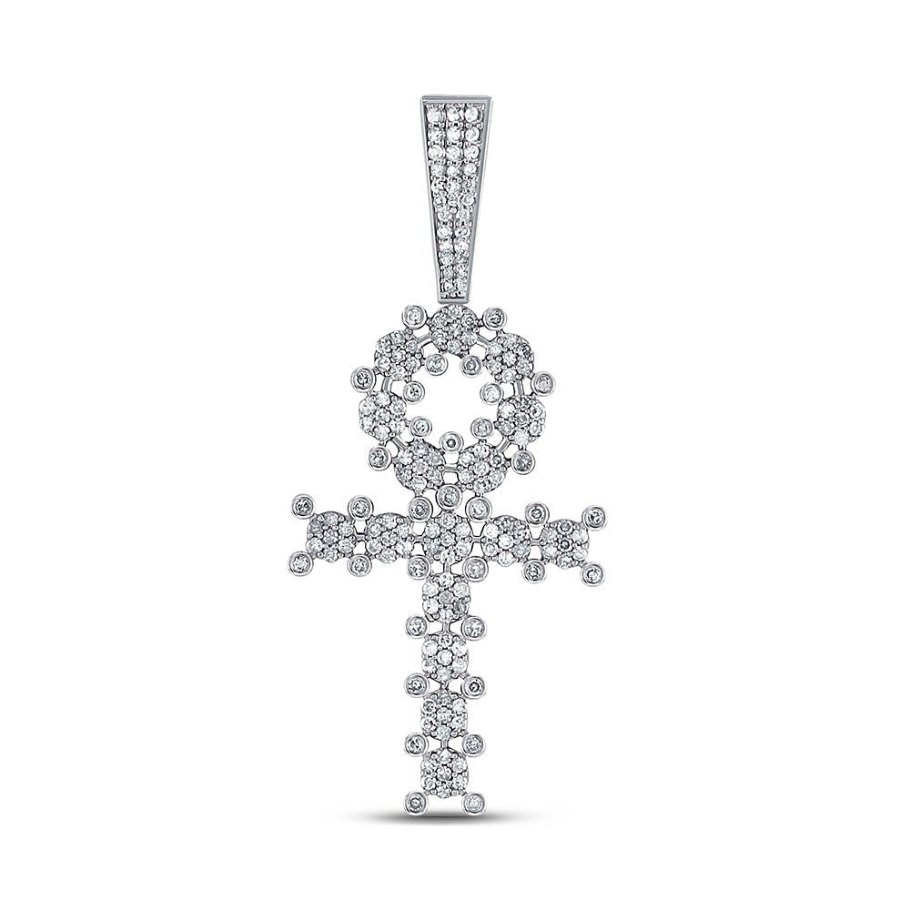 10kt White Gold Men's Round Diamond Ankh Cross Charm Pendant - 1 Cttw | Splendid Jewellery - Splendid Jewellery