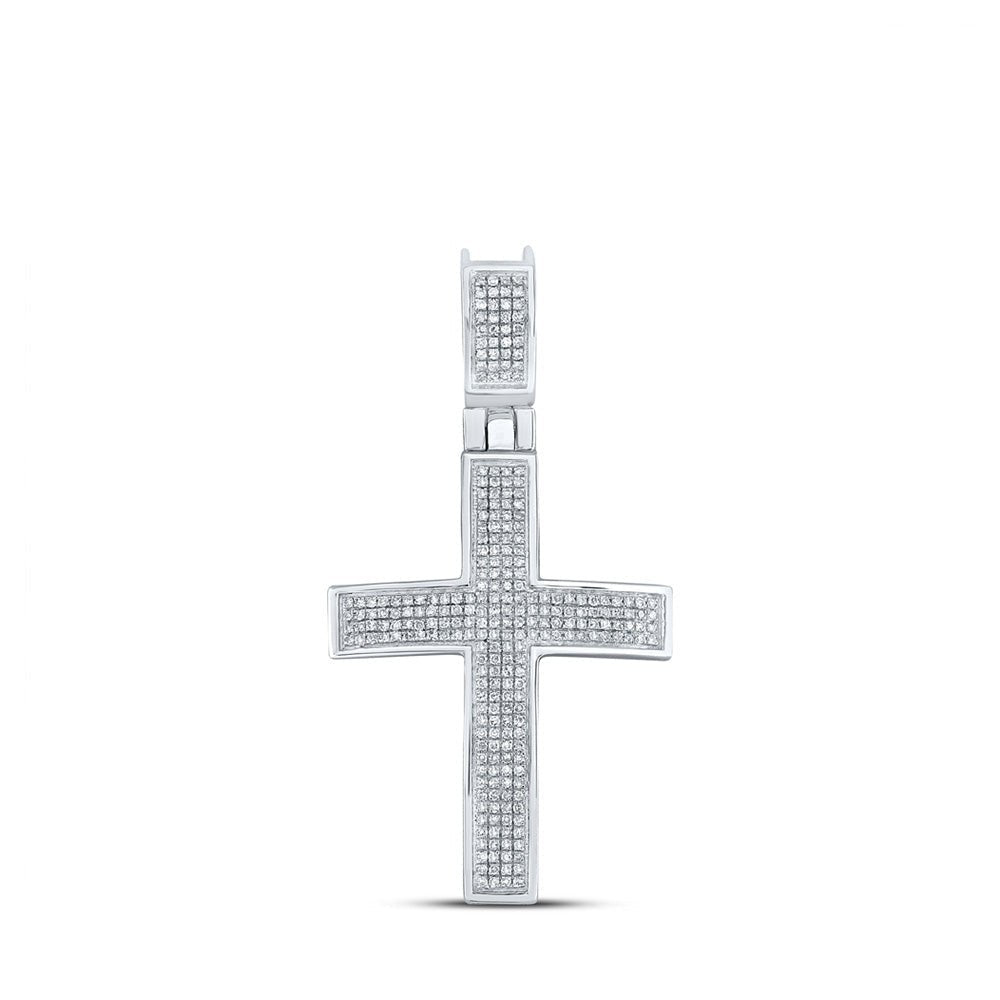 10kt White Gold Men's Round Diamond Cross Charm Pendant - A Dazzling Symbol of Faith and Style - Splendid Jewellery