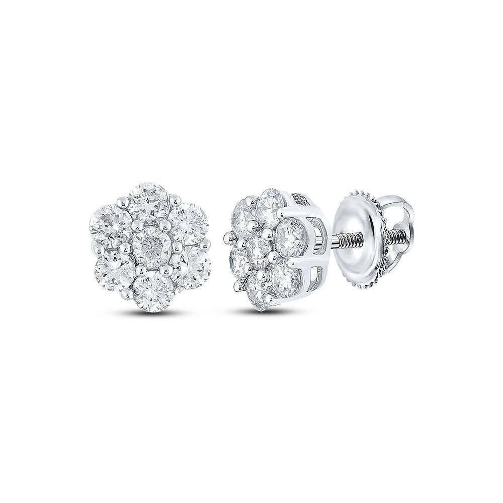 10kt White Gold Men's Round Diamond Flower Cluster Earrings - 1 Cttw | Exquisite Blossom Collection - Splendid Jewellery
