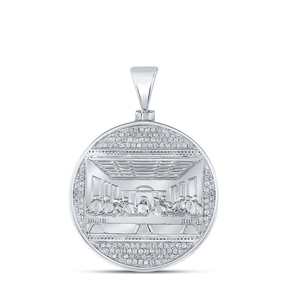 10kt White Gold Men's Round Diamond Last Supper Circle Charm Pendant - 1/2 Cttw | Splendid Jewellery - Splendid Jewellery