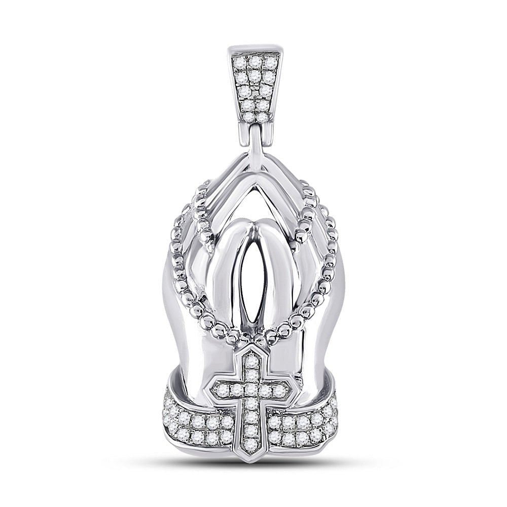 10kt White Gold Mens Round Diamond Praying Hands Rosary Charm Pendant - A Symbolic Statement of Faith and Style - Splendid Jewellery
