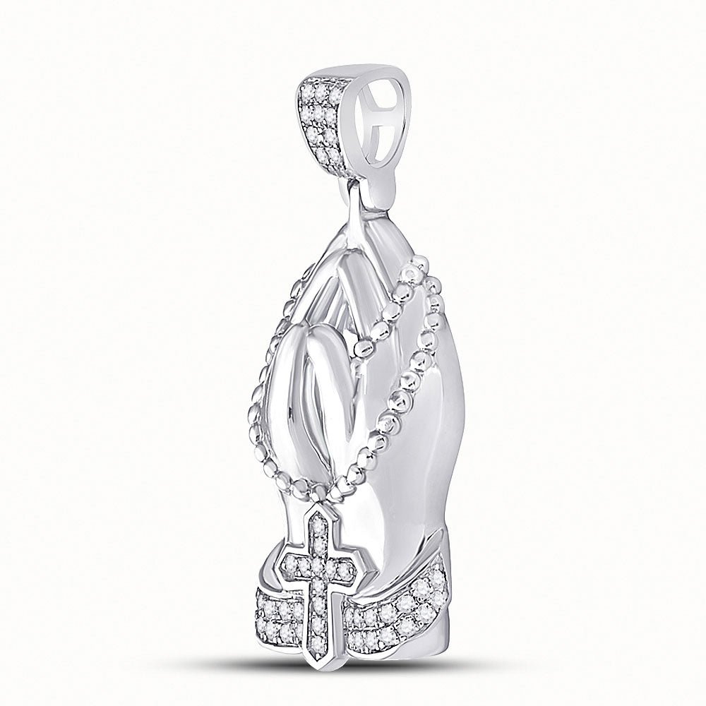 10kt White Gold Mens Round Diamond Praying Hands Rosary Charm Pendant - A Symbolic Statement of Faith and Style - Splendid Jewellery