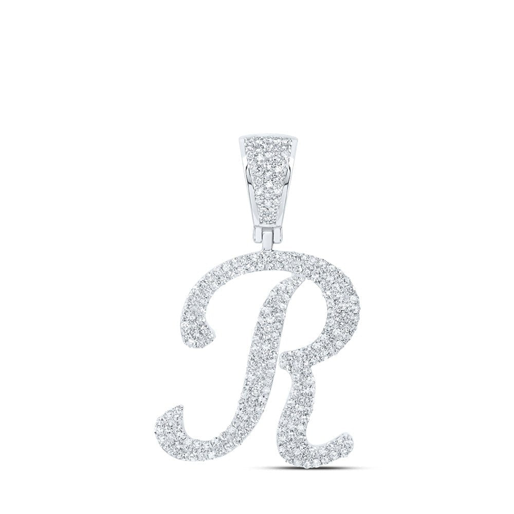 10kt White Gold Men's Round Diamond R Initial Letter Charm Pendant - 1 Cttw - Splendid Jewellery