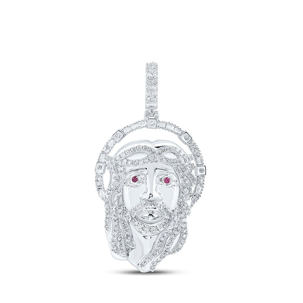 10kt White Gold Men's Round Diamond Ruby Jesus Face Charm Pendant - 1 - 3/4 Cttw - Splendid Jewellery