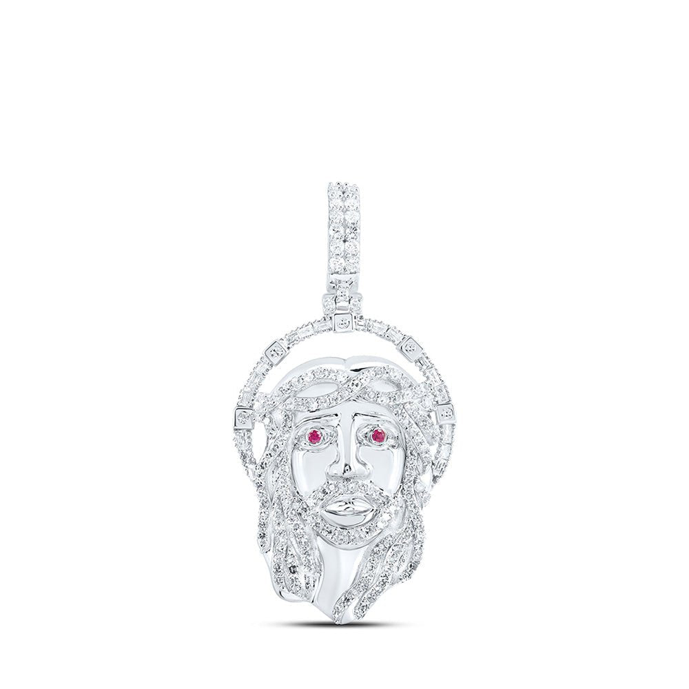 10kt White Gold Men's Round Diamond Ruby Jesus Face Charm Pendant 1 Cttw | Splendid Jewellery - Splendid Jewellery