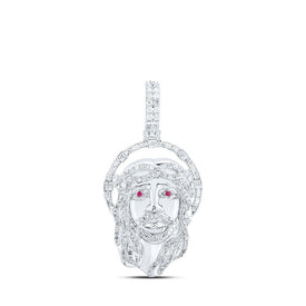 10kt White Gold Men's Round Diamond Ruby Jesus Face Charm Pendant 1 Cttw | Splendid Jewellery - Splendid Jewellery