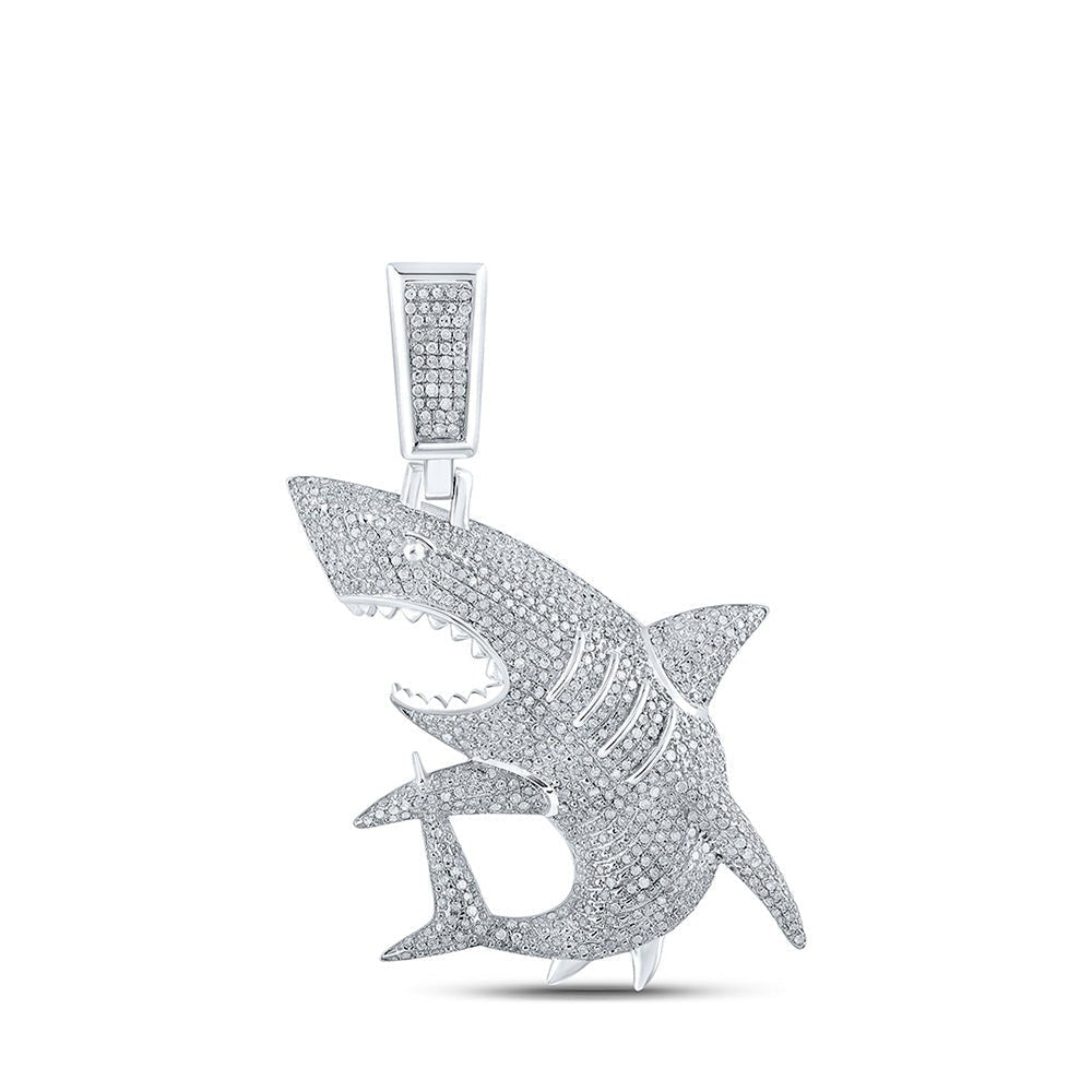 10kt White Gold Men's Round Diamond Shark Charm Pendant - 1 - 1/2 Cttw - Splendid Jewellery