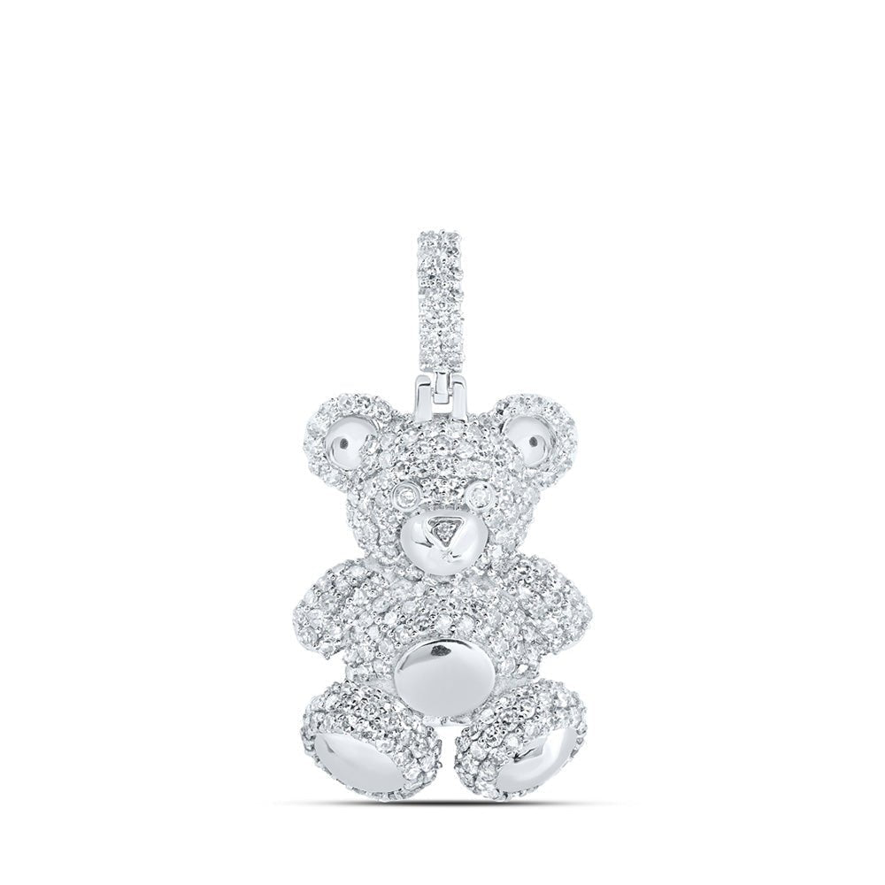 10kt White Gold Mens Round Diamond Teddy Bear Charm Pendant 1 - 1/3 Cttw - Splendid Jewellery