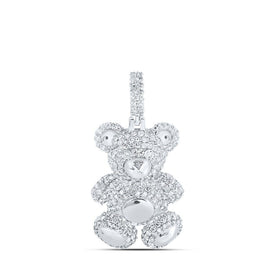 10kt White Gold Mens Round Diamond Teddy Bear Charm Pendant 1 - 1/3 Cttw - Splendid Jewellery