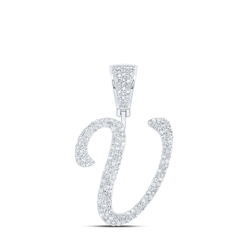 10kt White Gold Men's Round Diamond V Initial Letter Charm Pendant - 7/8 Cttw - Splendid Jewellery