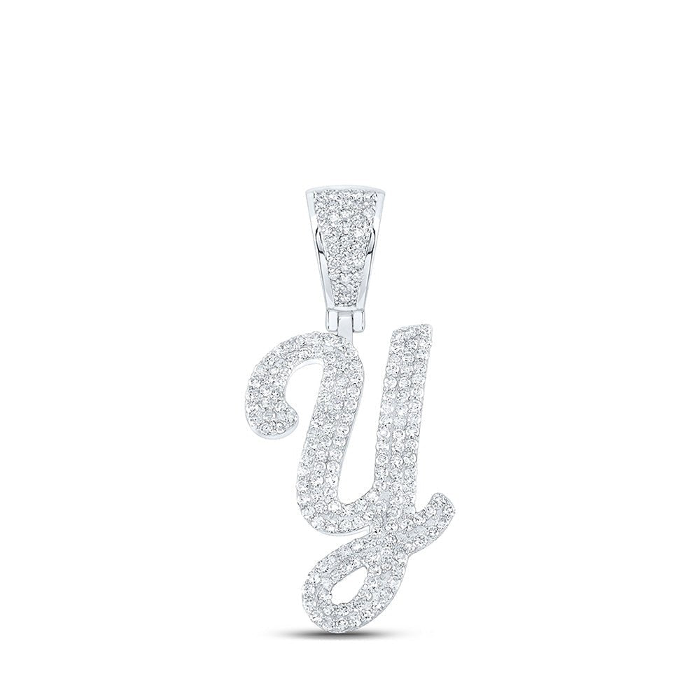 10kt White Gold Men's Round Diamond Y Initial Letter Charm Pendant - 7/8 Cttw | Splendid Jewellery - Splendid Jewellery