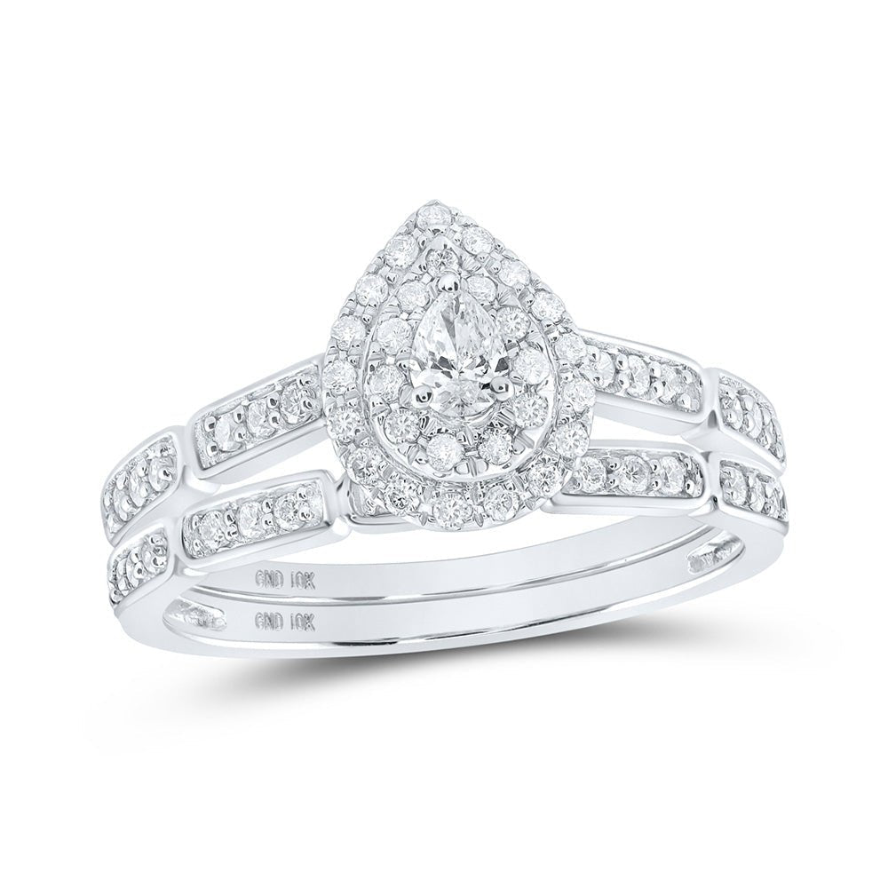 10kt White Gold Pear Diamond Halo Bridal Wedding Ring Band Set 3/8 Cttw | Enchanting Elegance - Splendid Jewellery