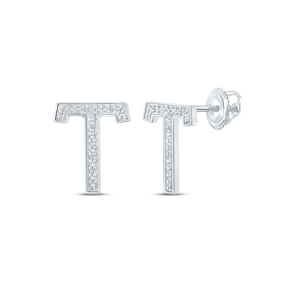 10kt White Gold Womens Round Diamond T Initial Letter Earrings 1/10 Cttw | Timeless Elegance Collection - Splendid Jewellery