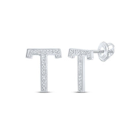 10kt White Gold Womens Round Diamond T Initial Letter Earrings 1/10 Cttw | Timeless Elegance Collection - Splendid Jewellery