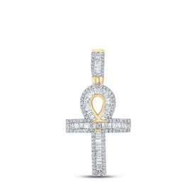 10kt Yellow Gold Baguette and Round Diamond Ankh Charm Pendant for Men - 3/4 Cttw - Splendid Jewellery