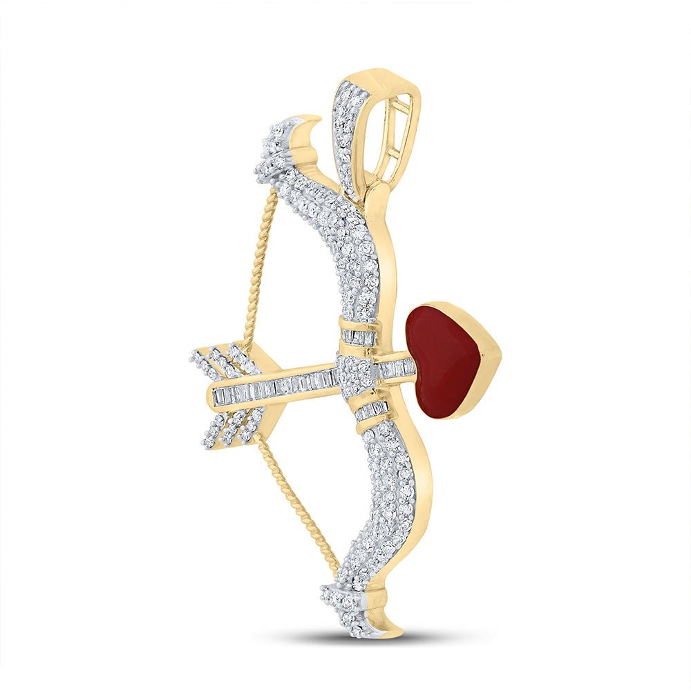 10kt Yellow Gold Baguette and Round Diamond Bow Arrow Heart Charm Pendant - 1 Cttw - Splendid Jewellery