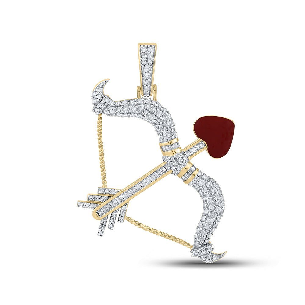 10kt Yellow Gold Baguette and Round Diamond Bow Arrow Heart Charm Pendant - 1 Cttw - Splendid Jewellery