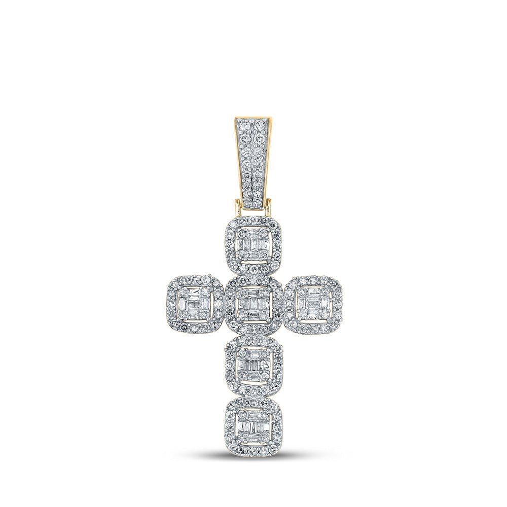 10kt Yellow Gold Baguette and Round Diamond Cross Pendant - 1 - 1/3 Cttw - Splendid Jewellery