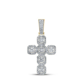 10kt Yellow Gold Baguette and Round Diamond Cross Pendant - 1 - 1/3 Cttw - Splendid Jewellery