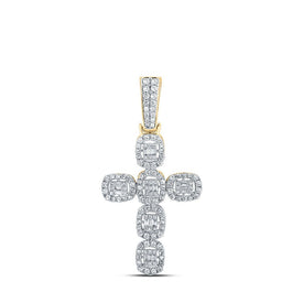 10kt Yellow Gold Baguette and Round Diamond Cross Pendant - 1 - 1/3 Cttw - Splendid Jewellery