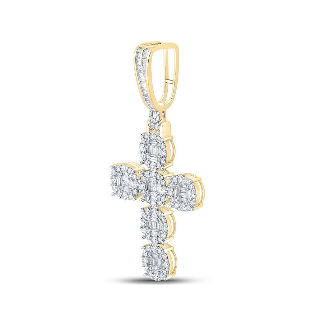 10kt Yellow Gold Baguette and Round Diamond Cross Pendant - 1 - 3/4 Cttw - Splendid Jewellery