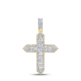 10kt Yellow Gold Baguette and Round Diamond Cross Pendant - 1 - 3/4 Ct.t.w. - Splendid Jewellery