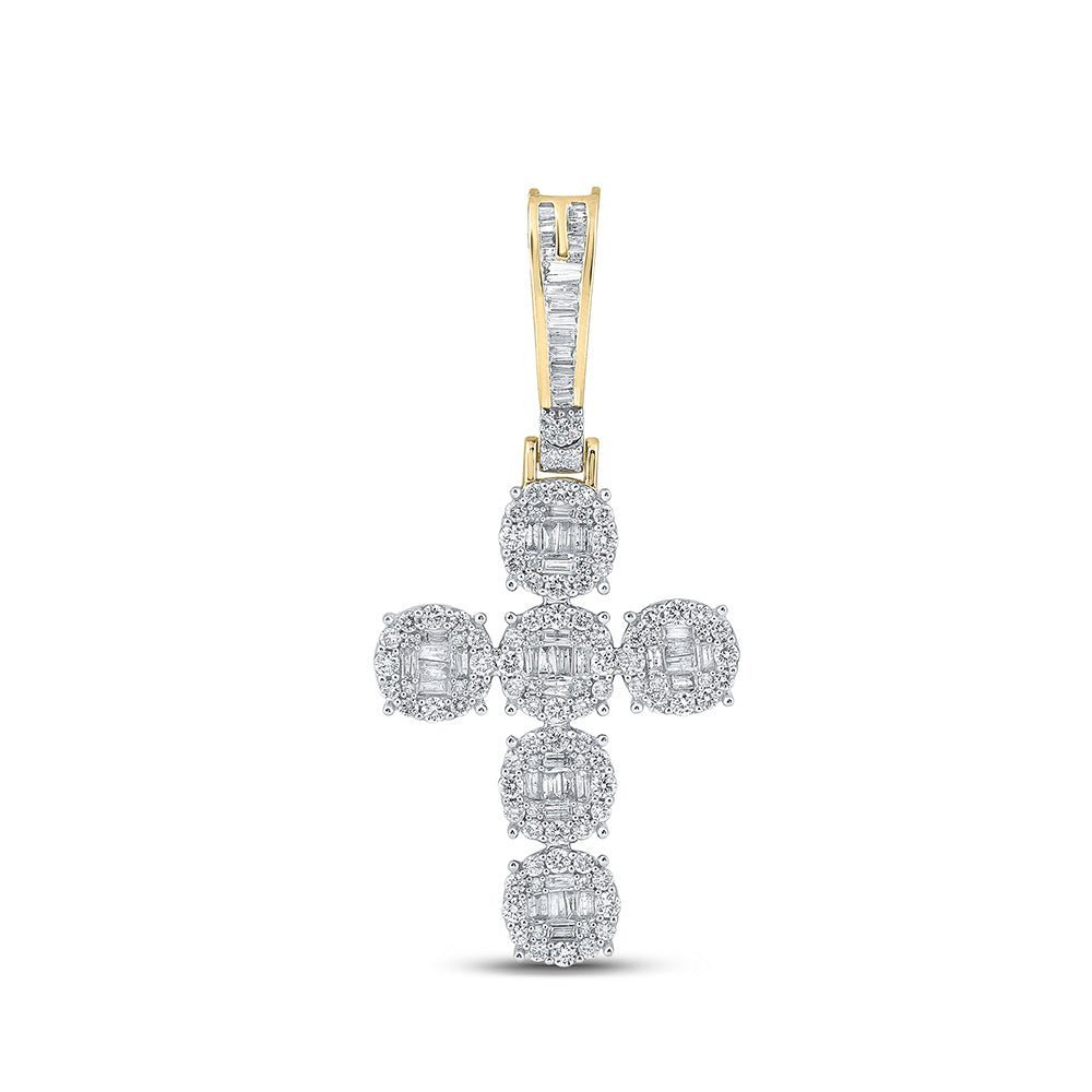 10kt Yellow Gold Baguette and Round Diamond Cross Pendant - 1 - 3/4 Cttw - Splendid Jewellery