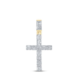 10kt Yellow Gold Baguette and Round Diamond Cross Pendant - 1 - 3/4 Cttw - Splendid Jewellery