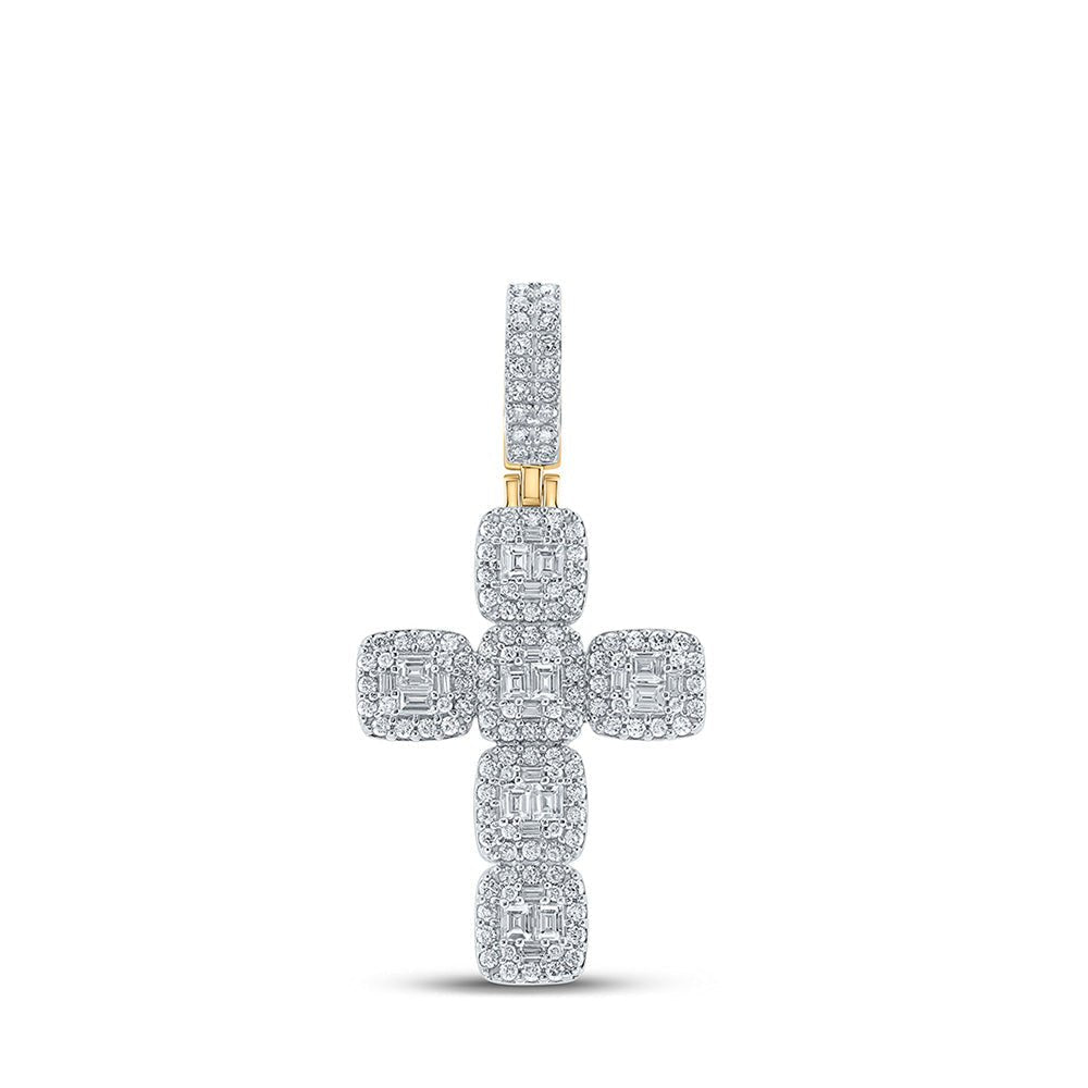 10kt Yellow Gold Baguette and Round Diamond Cross Pendant - 1 - 7/8 Cttw - Splendid Jewellery
