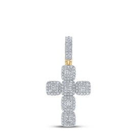 10kt Yellow Gold Baguette and Round Diamond Cross Pendant - 1 - 7/8 Cttw - Splendid Jewellery