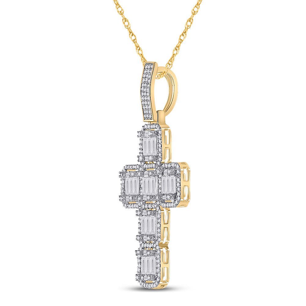 10kt Yellow Gold Baguette and Round Diamond Cross Pendant - 1 - 7/8 Cttw - Splendid Jewellery