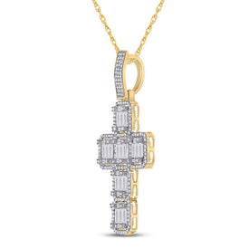 10kt Yellow Gold Baguette and Round Diamond Cross Pendant - 1 - 7/8 Cttw - Splendid Jewellery