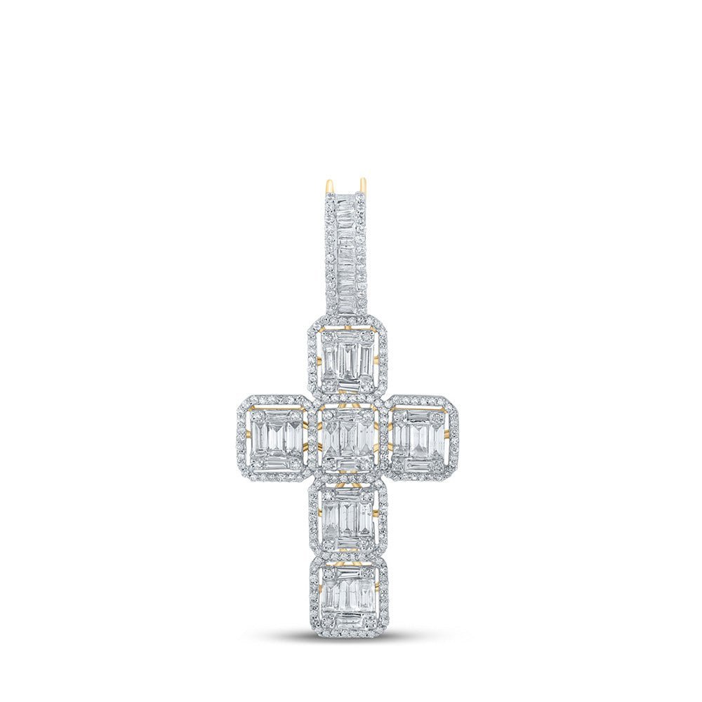 10kt Yellow Gold Baguette and Round Diamond Cross Pendant - 1 - 7/8 Cttw - Splendid Jewellery