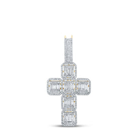 10kt Yellow Gold Baguette and Round Diamond Cross Pendant - 1 - 7/8 Cttw - Splendid Jewellery