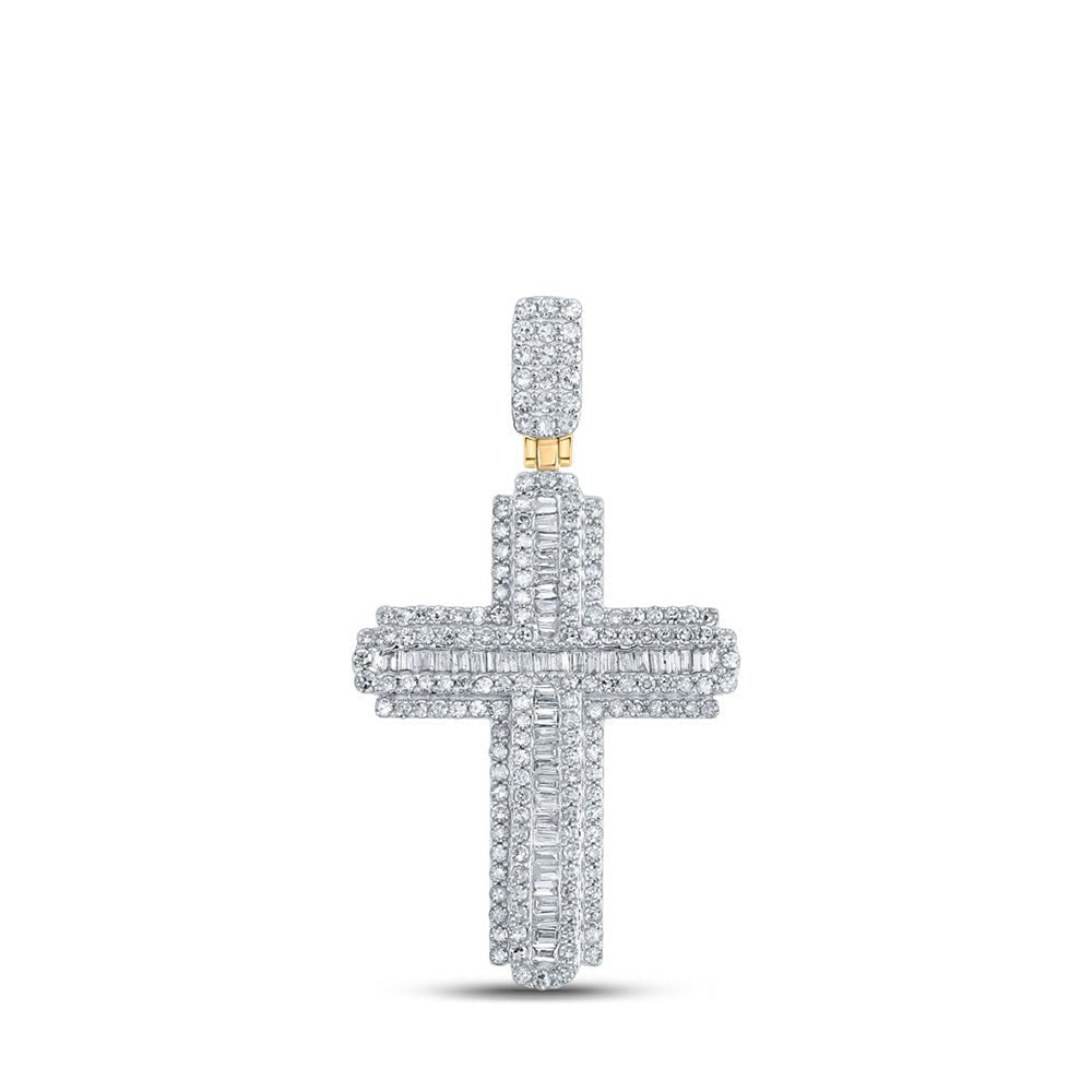 10kt Yellow Gold Baguette and Round Diamond Cross Pendant - 1 Carat Total Weight - Splendid Jewellery