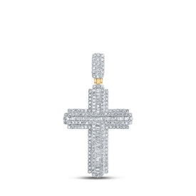 10kt Yellow Gold Baguette and Round Diamond Cross Pendant - 1 Carat Total Weight - Splendid Jewellery