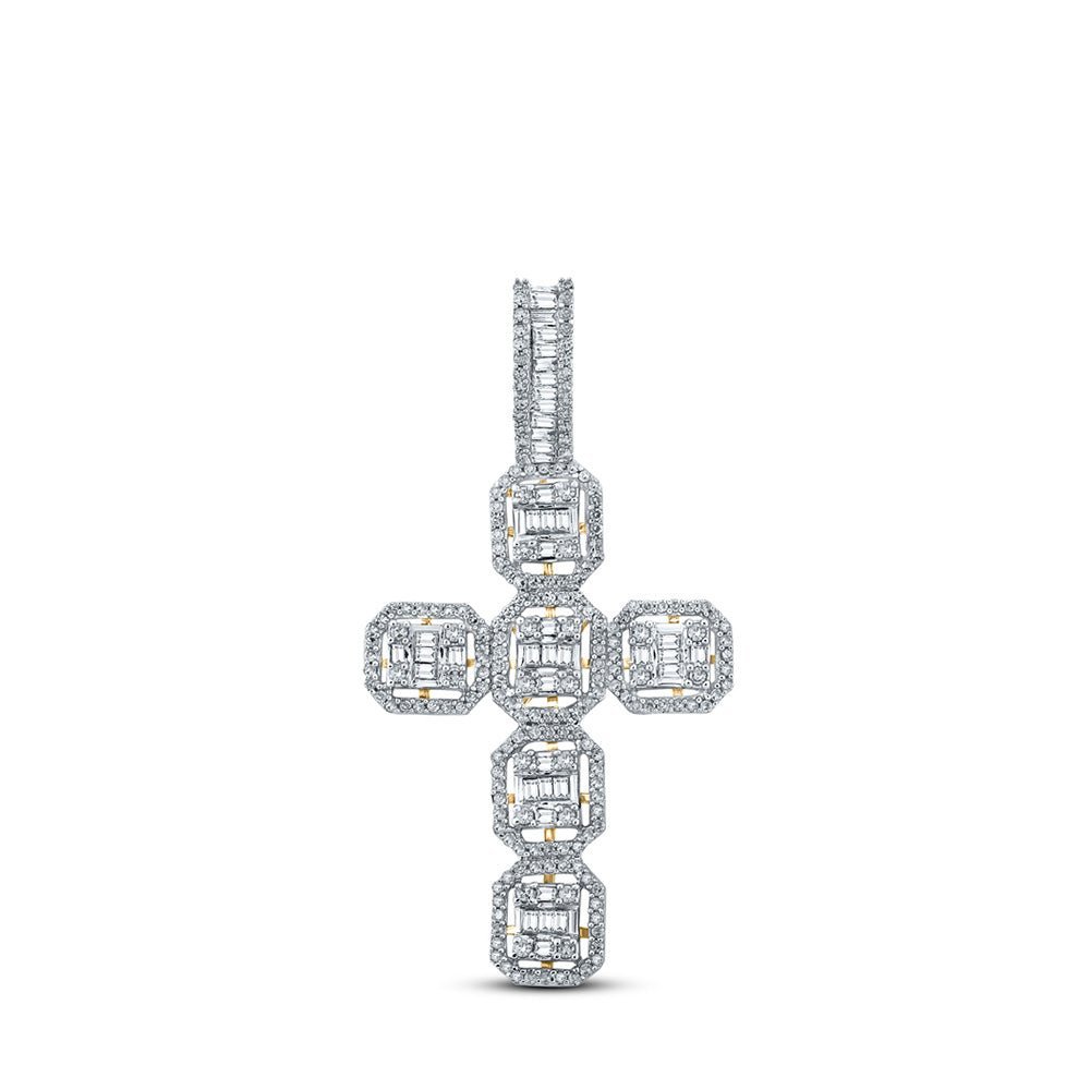 10kt Yellow Gold Baguette and Round Diamond Cross Pendant - 1 Cttw - Splendid Jewellery