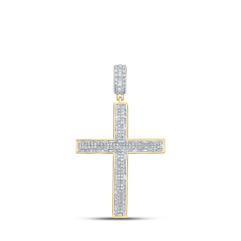 10kt Yellow Gold Baguette and Round Diamond Cross Pendant - 1 Cttw - Splendid Jewellery