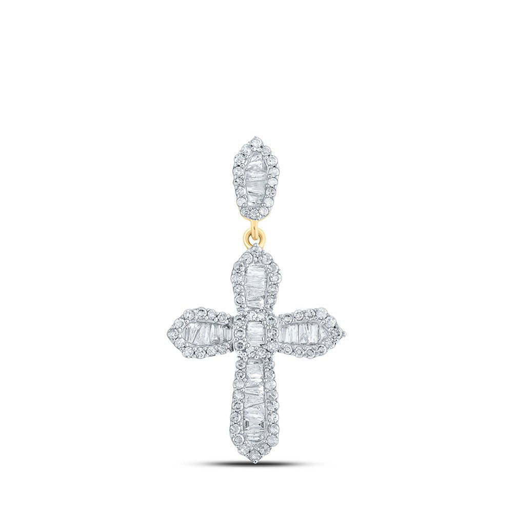 10kt Yellow Gold Baguette and Round Diamond Cross Pendant - 1/2 Ct.t.w. - Splendid Jewellery