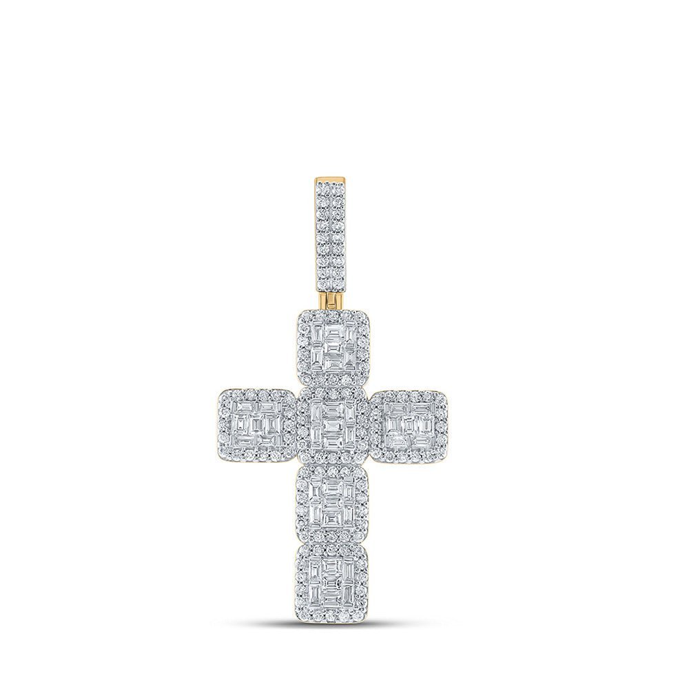 10kt Yellow Gold Baguette and Round Diamond Cross Pendant - 2 - 5/8 Cttw - Splendid Jewellery