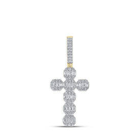 10kt Yellow Gold Baguette and Round Diamond Cross Pendant - 2 Cttw - Splendid Jewellery