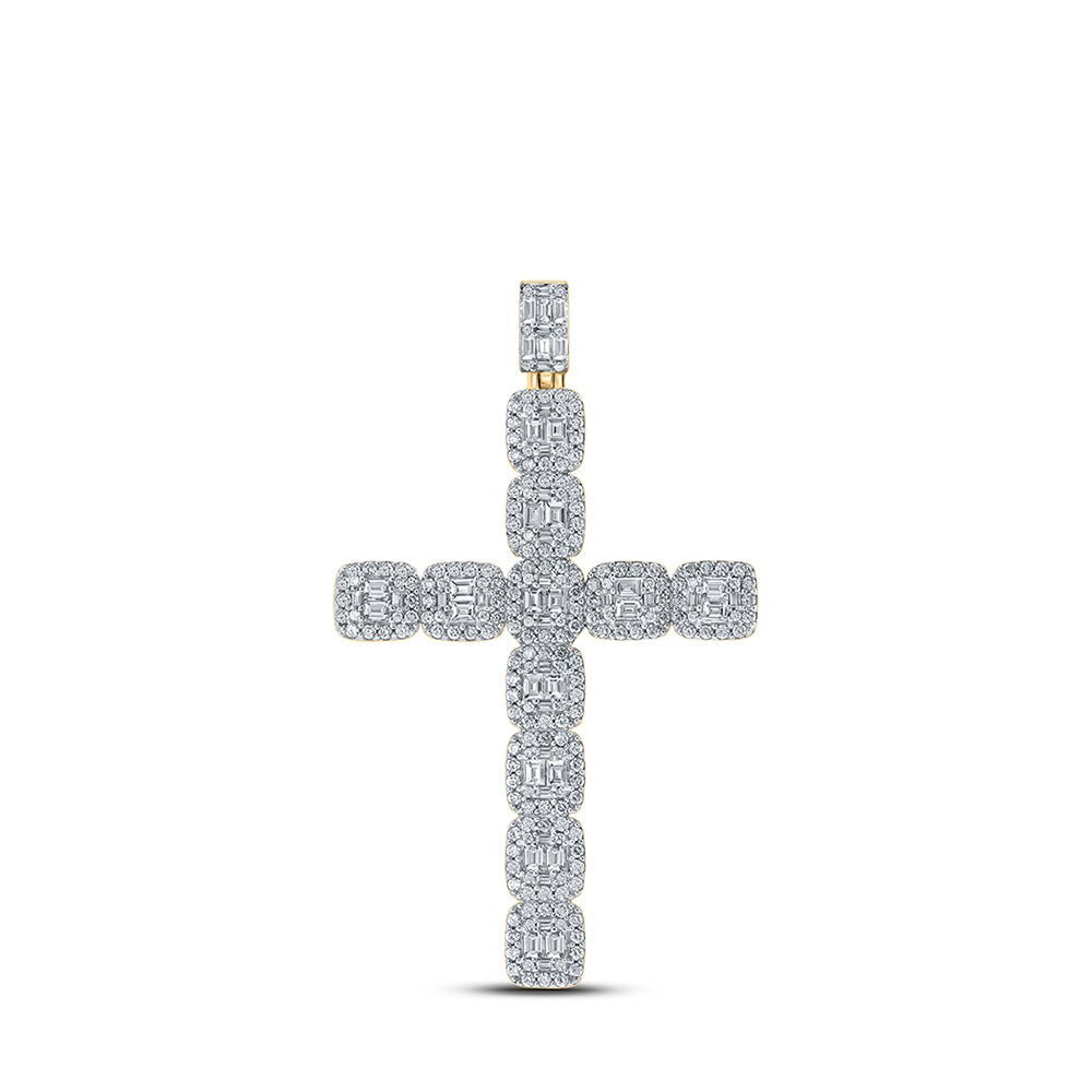 10kt Yellow Gold Baguette and Round Diamond Cross Pendant - 3 - 1/3 Cttw - Splendid Jewellery