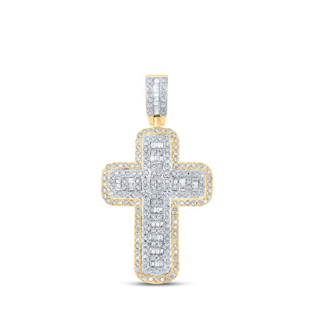 10kt Yellow Gold Baguette and Round Diamond Cross Pendant - 3/4 Ct.t.w. - Splendid Jewellery